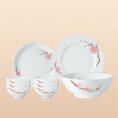 Combo bộ đồ ăn 9 món men trắng hoa đào hồng Bát Tràng – Quà Tết cao cấp