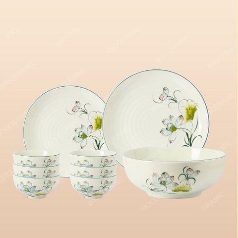 Bộ đồ ăn 9 món Sen Bóng men ngà Bát Tràng – Món quà in logo thương hiệu