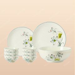 Bộ đồ ăn 9 món Sen Bóng men ngà Bát Tràng – Món quà in logo thương hiệu