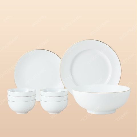 Bộ chén bát 9 món men trắng kẻ chỉ vàng Bát Tràng – Quà tặng in logo sang trọng