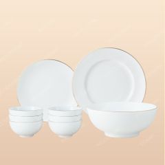 Bộ chén bát 9 món men trắng kẻ chỉ vàng Bát Tràng – Quà tặng in logo sang trọng