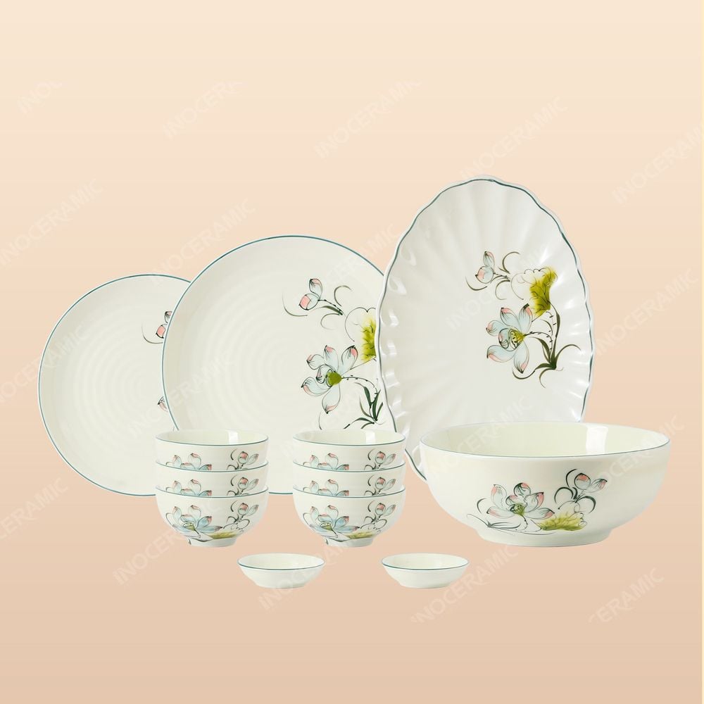 Set bát đĩa 12 món Sen Bóng men ngà vẽ tay Bát Tràng – Sang trọng – Cao cấp