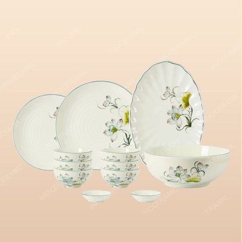 Set bát đĩa 12 món Sen Bóng men ngà vẽ tay Bát Tràng – Sang trọng – Cao cấp
