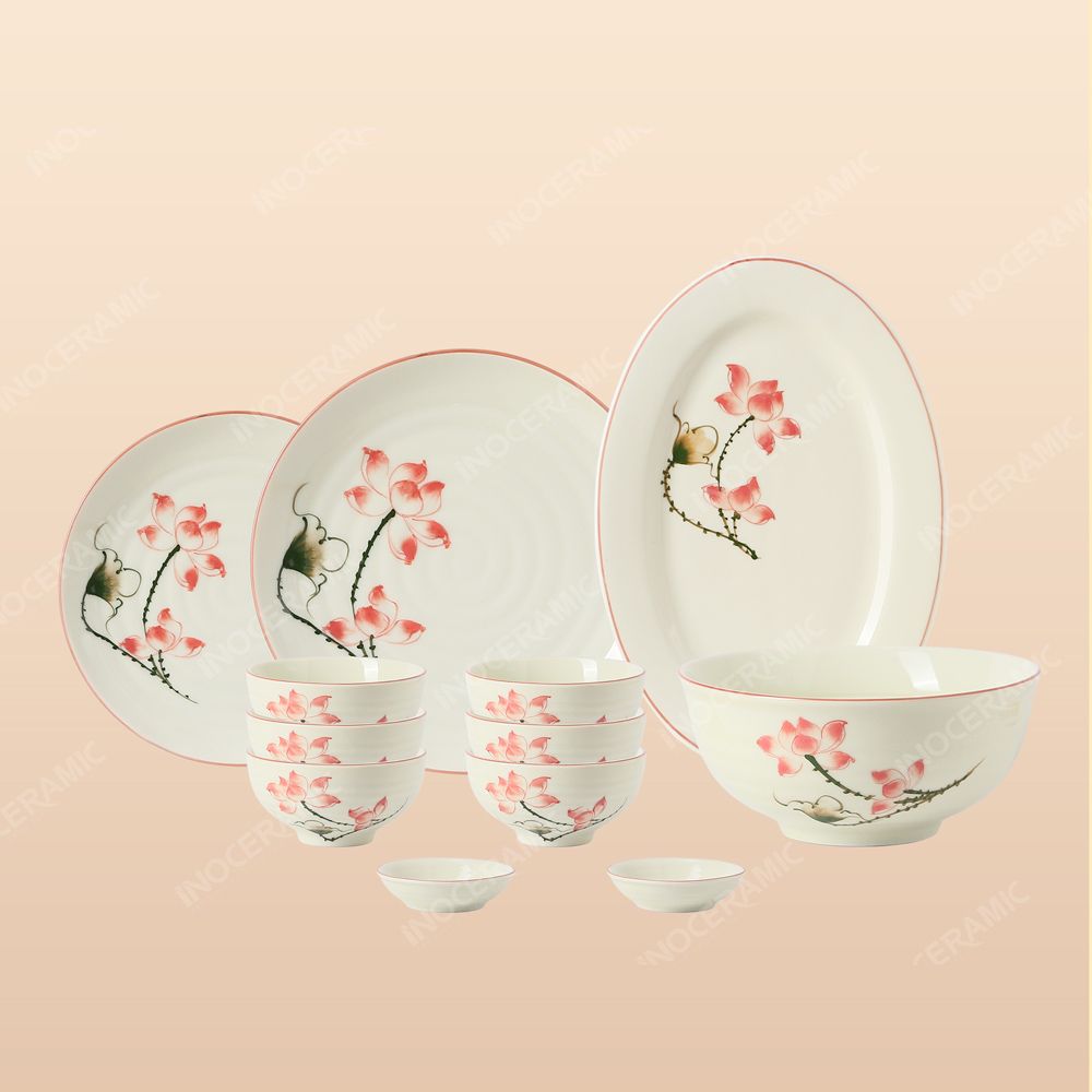 Bộ bát đĩa 12 món men ngà Sen Hồng vẽ tay Bát Tràng – Quà tặng cao cấp
