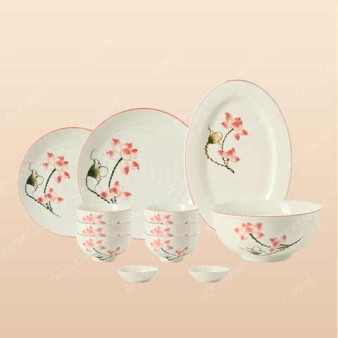 Bộ bát đĩa 12 món men ngà Sen Hồng vẽ tay Bát Tràng – Quà tặng cao cấp