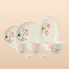 Bộ bát đĩa 12 món men ngà Sen Hồng vẽ tay Bát Tràng – Quà tặng cao cấp