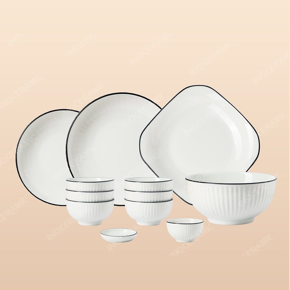 Bộ bát đĩa 12 món men trắng viền đen Bát Tràng – Sang trọng – Bền đẹp