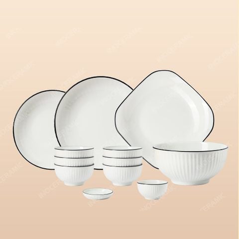 Bộ bát đĩa 12 món men trắng viền đen Bát Tràng – Sang trọng – Bền đẹp