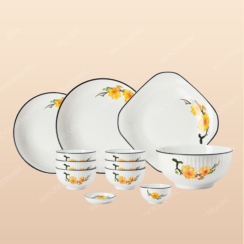 Bộ bát đĩa 12 món men trắng Mai Vàng viền đen Bát Tràng – Sang trọng