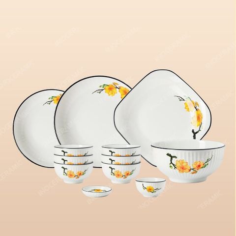 Bộ bát đĩa 12 món men trắng Mai Vàng viền đen Bát Tràng – Sang trọng