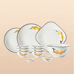 Bộ bát đĩa 12 món men trắng Mai Vàng viền đen Bát Tràng – Sang trọng