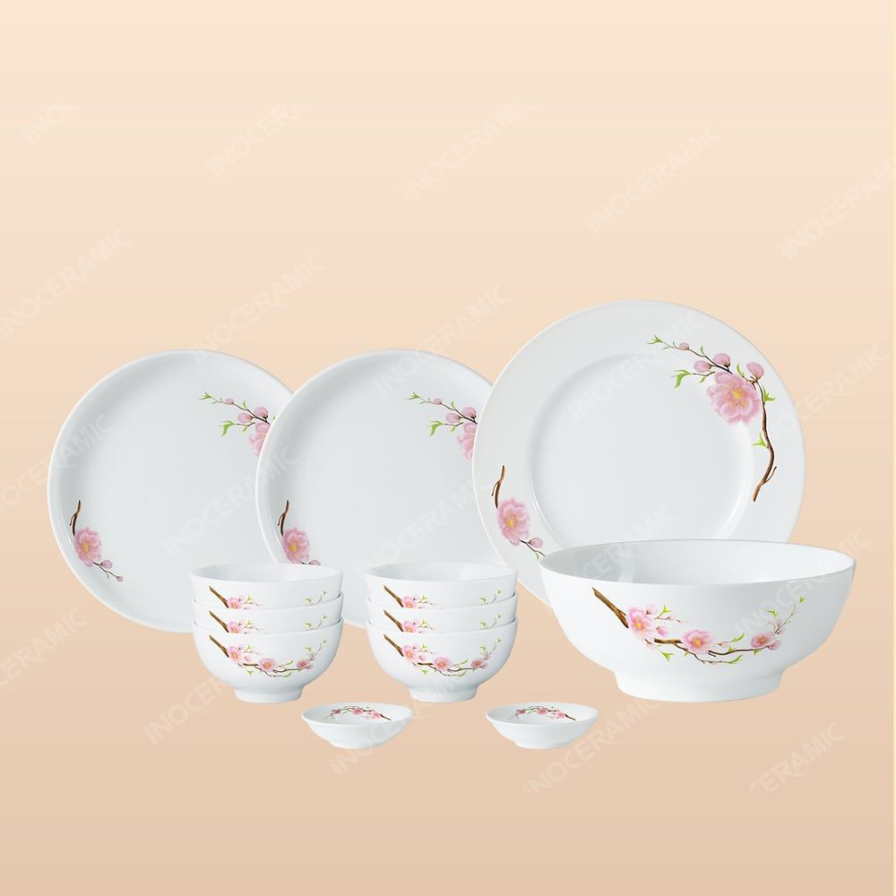 Bộ đồ ăn 12 món men trắng Đào Hồng Bát Tràng – Sang trọng, tinh tế
