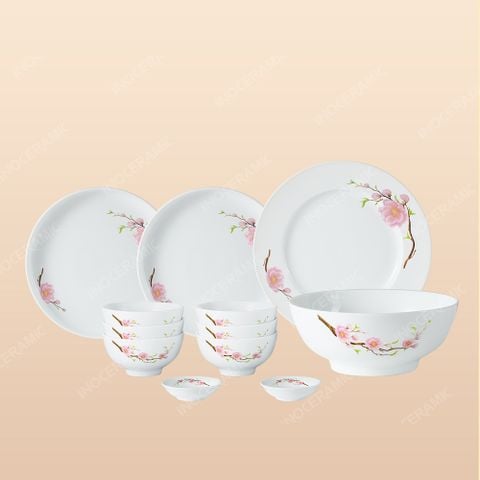 Bộ đồ ăn 12 món men trắng Đào Hồng Bát Tràng – Sang trọng, tinh tế