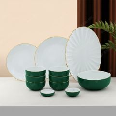 Bộ đồ ăn 12 món men lục lòng trắng chỉ vàng Bát Tràng cao cấp
