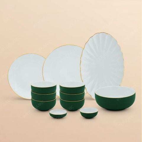 Bộ đồ ăn 12 món men lục lòng trắng chỉ vàng Bát Tràng cao cấp