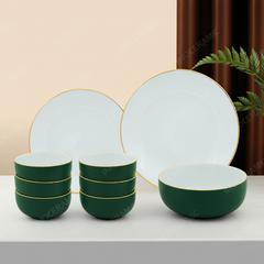 Set bộ đồ ăn 9 món men lục kẻ chỉ vàng Bát Tràng – Quà Tết sang trọng