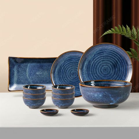 Bộ chén bát đĩa 12 món men lam hoả biến Bát Tràng – Cao cấp – Sang trọng