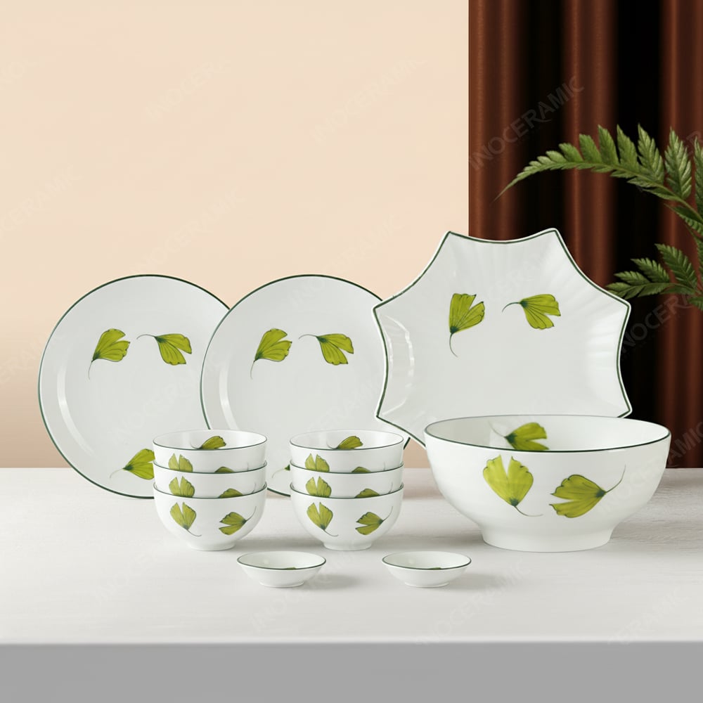 Bộ bát đĩa 12 món men sứ quạt lá - Quà tặng in logo