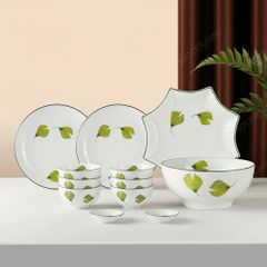 Bộ bát đĩa 12 món men sứ quạt lá - Quà tặng in logo