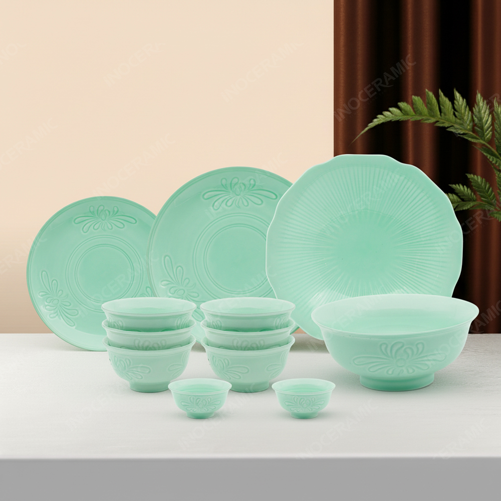 Bộ đồ ăn 12 món men ngọc kẻ vàng - Quà tặng Bát Tràng cao cấp