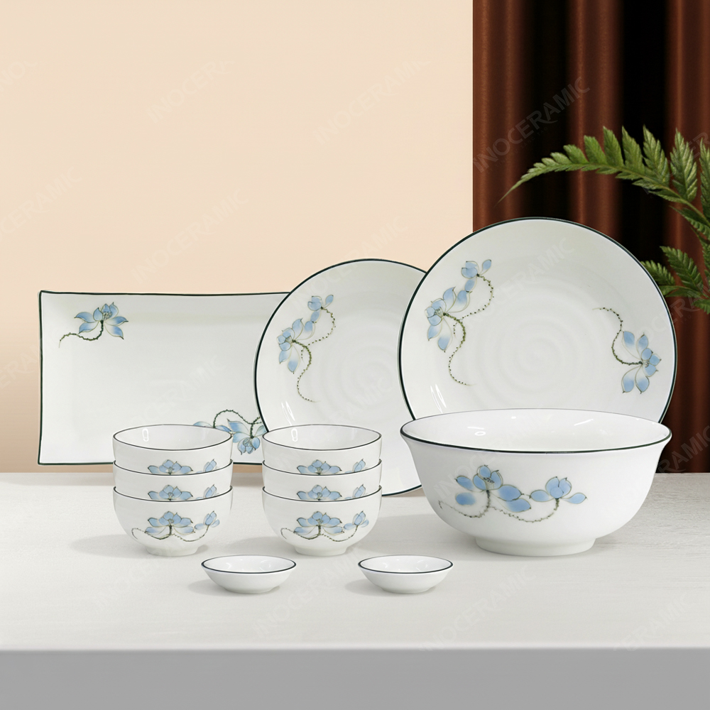 Bộ bát đĩa 12 món men sứ sen xanh - Gốm sứ Bát Tràng cao cấp