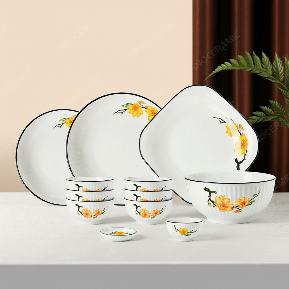 Bộ bát đĩa 12 món men trắng Mai Vàng viền đen Bát Tràng – Sang trọng