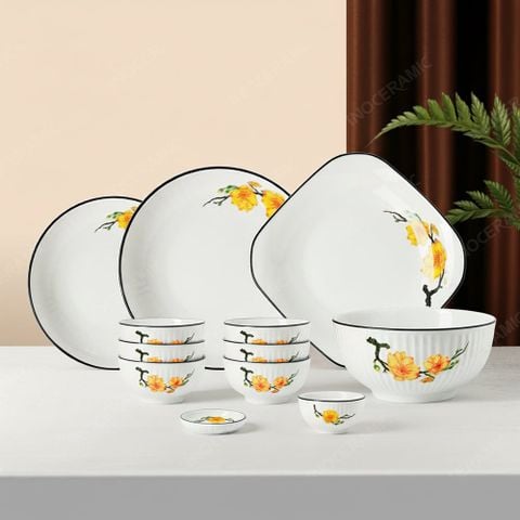 Bộ bát đĩa 12 món men trắng Mai Vàng viền đen Bát Tràng – Sang trọng