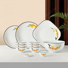 Bộ bát đĩa 12 món men trắng Mai Vàng viền đen Bát Tràng – Sang trọng