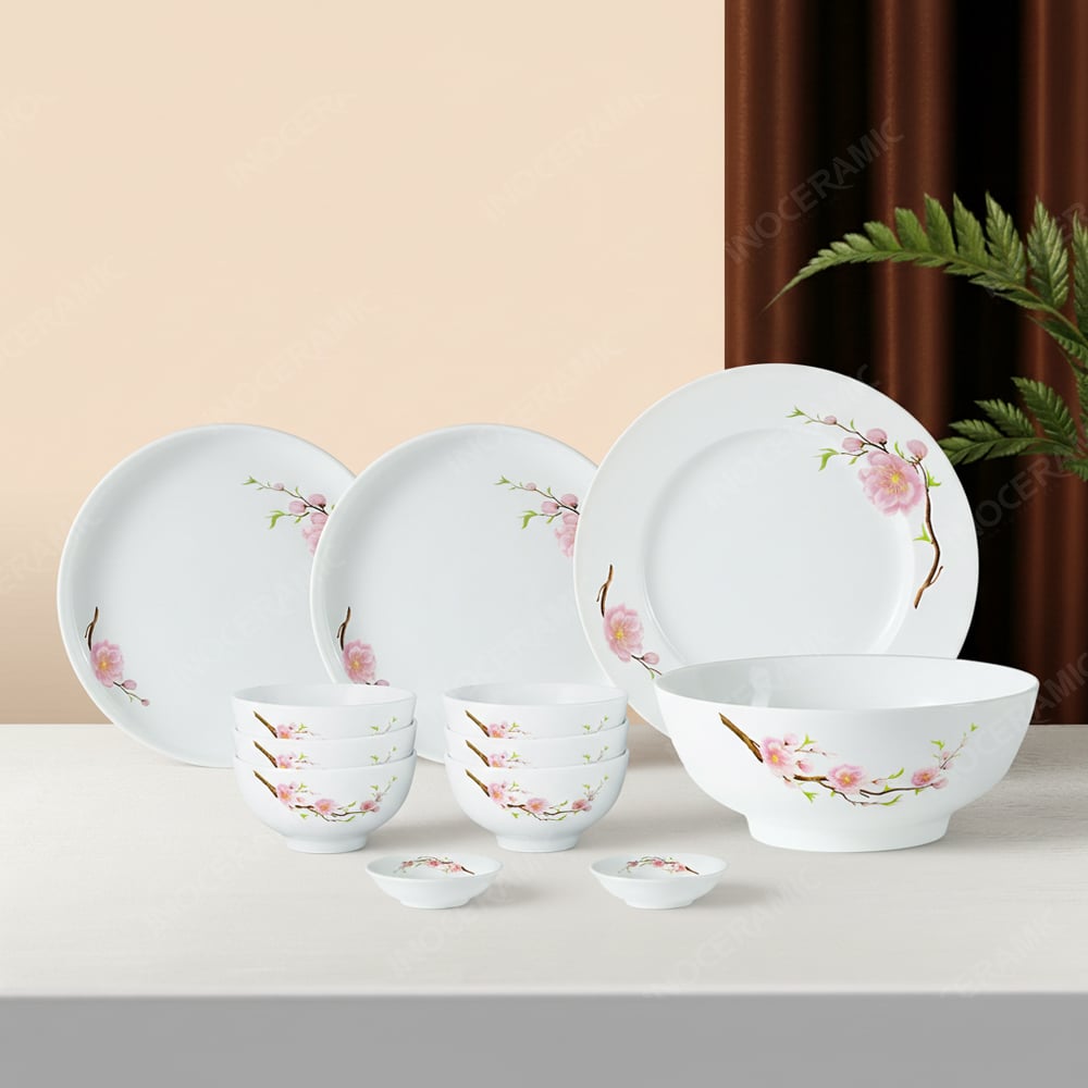 Bộ đồ ăn 12 món men trắng Đào Hồng Bát Tràng – Sang trọng, tinh tế