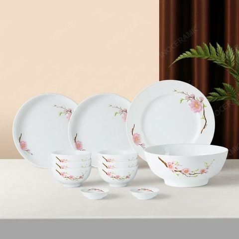 Bộ đồ ăn 12 món men trắng Đào Hồng Bát Tràng – Sang trọng, tinh tế
