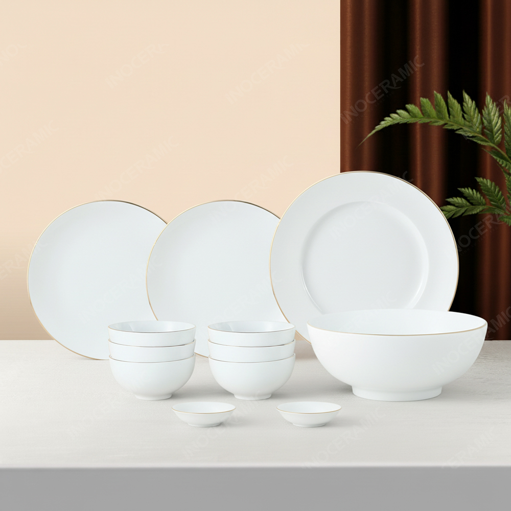 Bộ bát đĩa 12 món men sứ trắng kẻ vàng - Gốm sứ cao cấp in logo