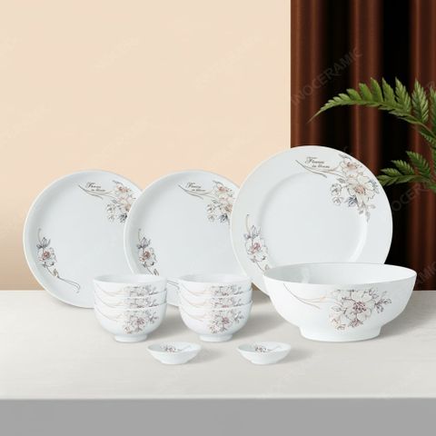 Bộ bát đĩa 12 món men sứ Sơn Trà - Quà tặng gốm sứ in ấn logo