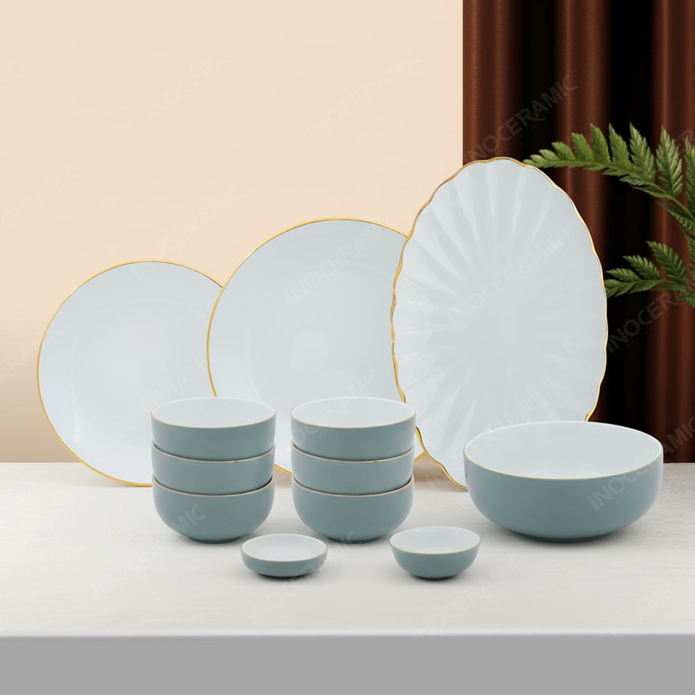 Bộ chén bát 12 món men xám kẻ vàng - Quà tặng gốm sứ Bát Tràng in logo