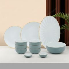 Bộ chén bát 12 món men xám kẻ vàng - Quà tặng gốm sứ Bát Tràng in logo