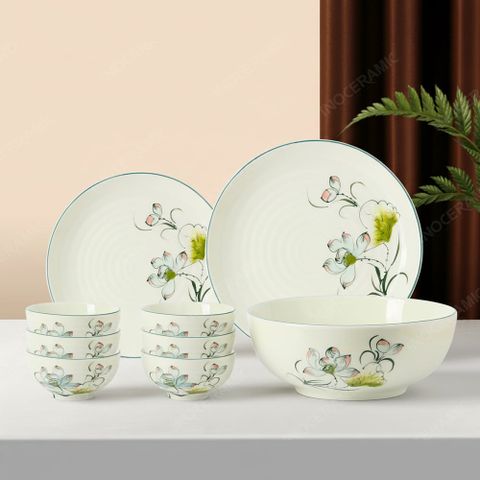 Bộ đồ ăn 9 món Sen Bóng men ngà Bát Tràng – Món quà in logo thương hiệu