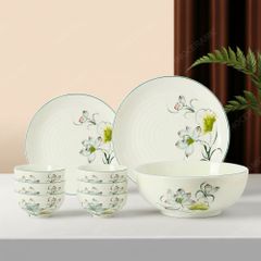 Bộ đồ ăn 9 món Sen Bóng men ngà Bát Tràng – Món quà in logo thương hiệu