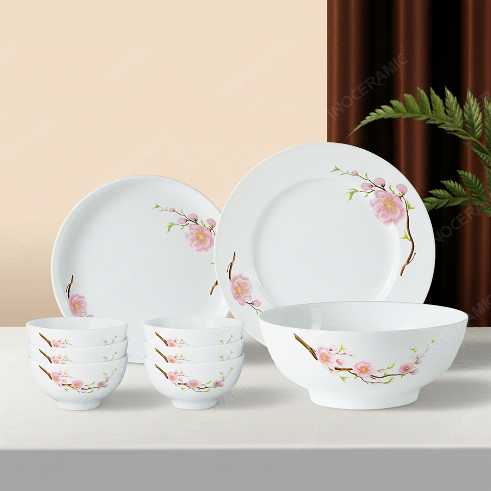 Combo bộ đồ ăn 9 món men trắng hoa đào hồng Bát Tràng – Quà Tết cao cấp