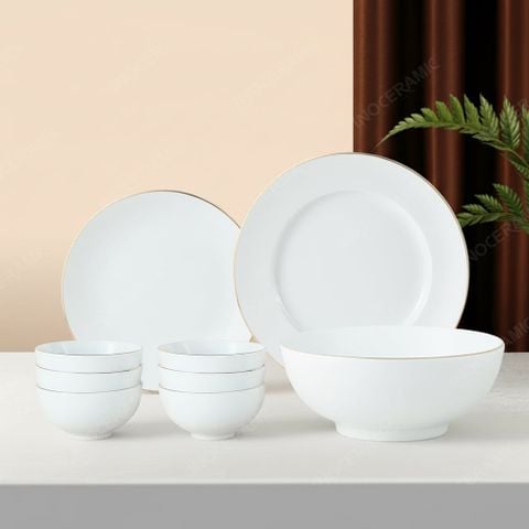 Bộ chén bát 9 món men trắng kẻ chỉ vàng Bát Tràng – Quà tặng in logo sang trọng