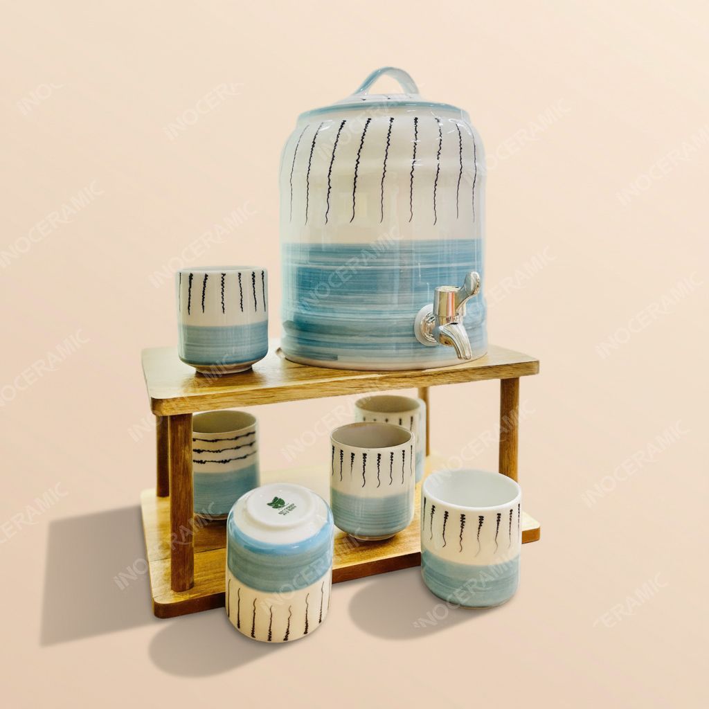 Bộ bình sứ đựng nước vòi xả inox gốm sứ Bát Tràng cao cấp