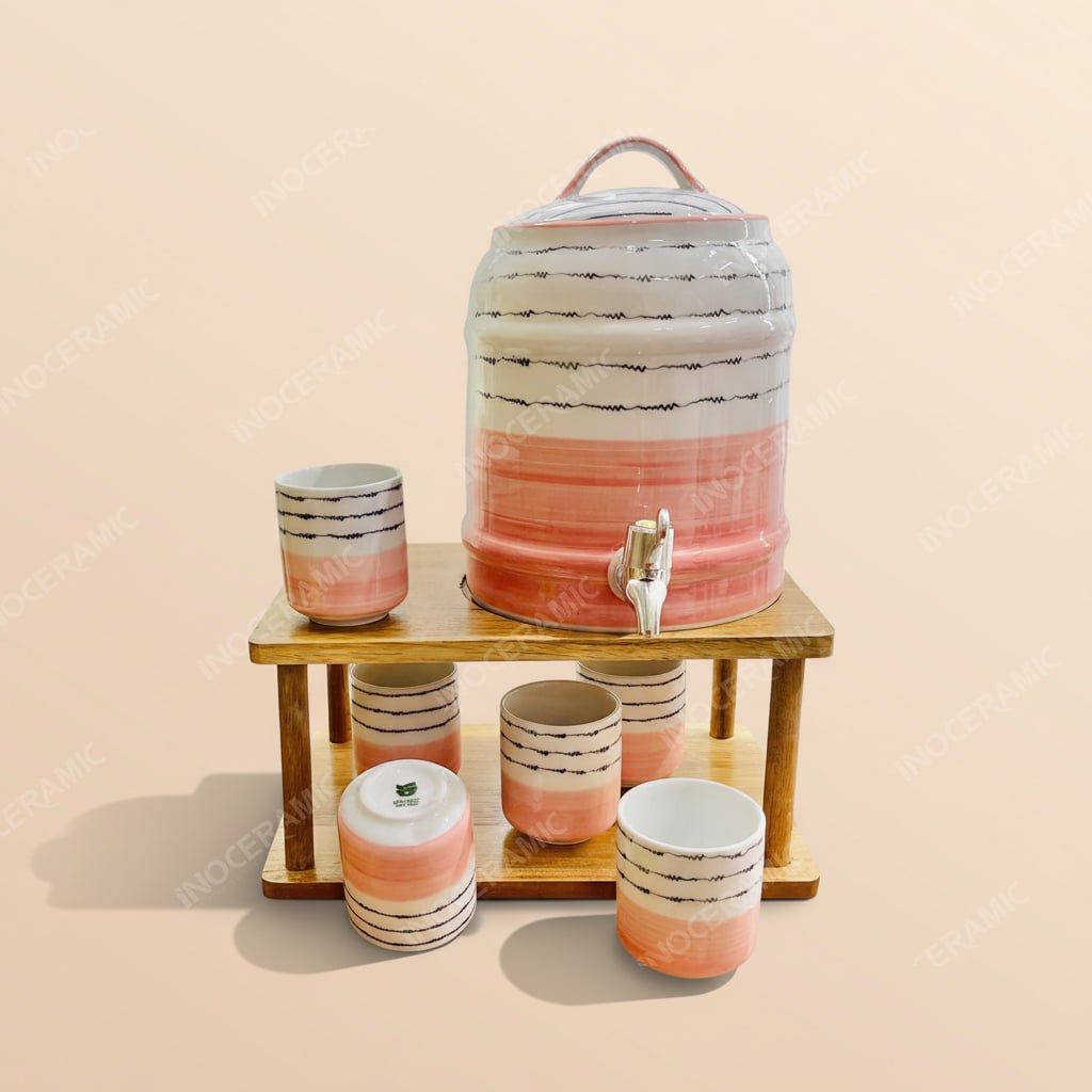 Bộ bình sứ đựng nước vòi xả inox gốm sứ Bát Tràng cao cấp