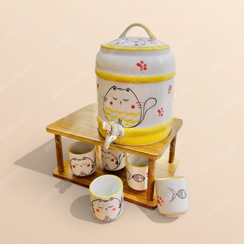 Bộ bình sứ đựng nước vòi xả Mèo Bông vẽ tay | Gốm sứ Bát Tràng