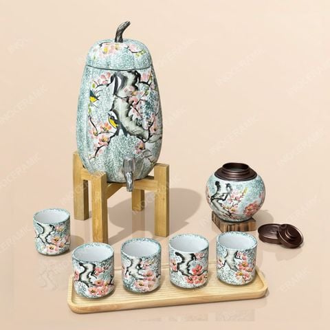 Bộ bình nước gốm sứ Bát Tràng dáng bí vẽ tay – Quà tặng in logo cao cấp