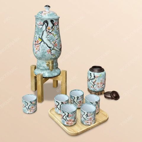 Bộ bình đựng nước gốm sứ Bát Tràng dáng bầu –In logo doanh nghiệp sắc nét