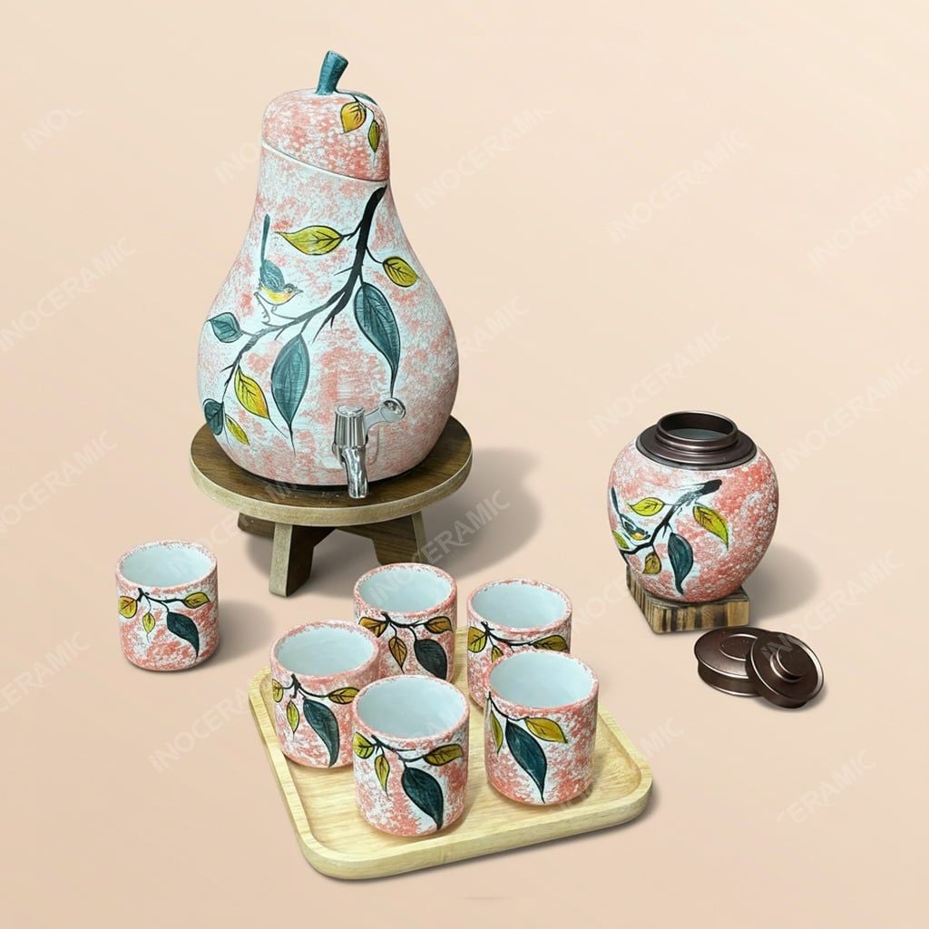 Bộ bình nước dáng quả lê gốm sứ Bát Tràng – Quà tặng in logo tiện dụng