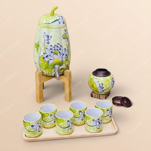 Bộ bình nước gốm sứ Bát Tràng dáng bí vẽ tay – Quà tặng in logo cao cấp