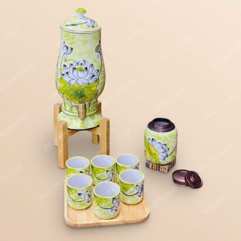 Bộ bình đựng nước gốm sứ Bát Tràng dáng bầu –In logo doanh nghiệp sắc nét