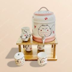 Bộ bình sứ đựng nước vòi xả Mèo Bông vẽ tay | Gốm sứ Bát Tràng