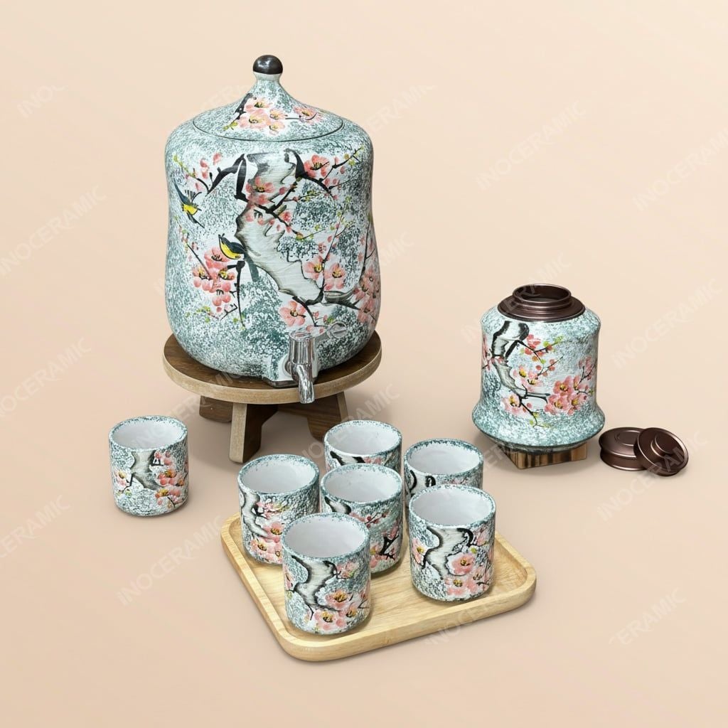 Bộ bình sứ đựng nước vòi xả Bát Tràng – Quà tặng in logo cao cấp