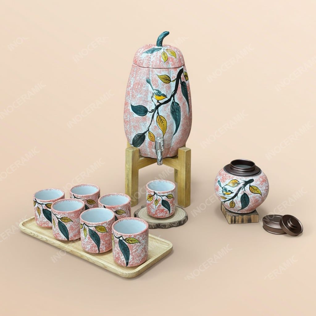 Bộ bình nước gốm sứ Bát Tràng dáng bí vẽ tay – Quà tặng in logo cao cấp