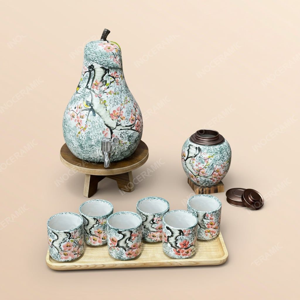 Bộ bình nước dáng quả lê gốm sứ Bát Tràng – Quà tặng in logo tiện dụng